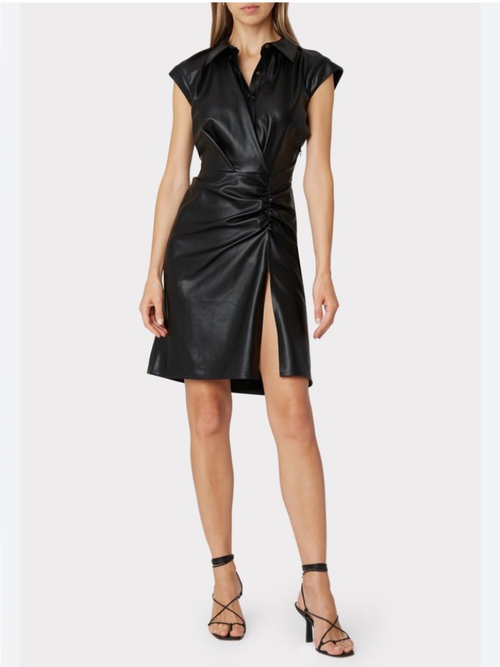 Milly Maxwell Black Faux Leather Cap Sleeve Ruched Slit Dress Women’s 6